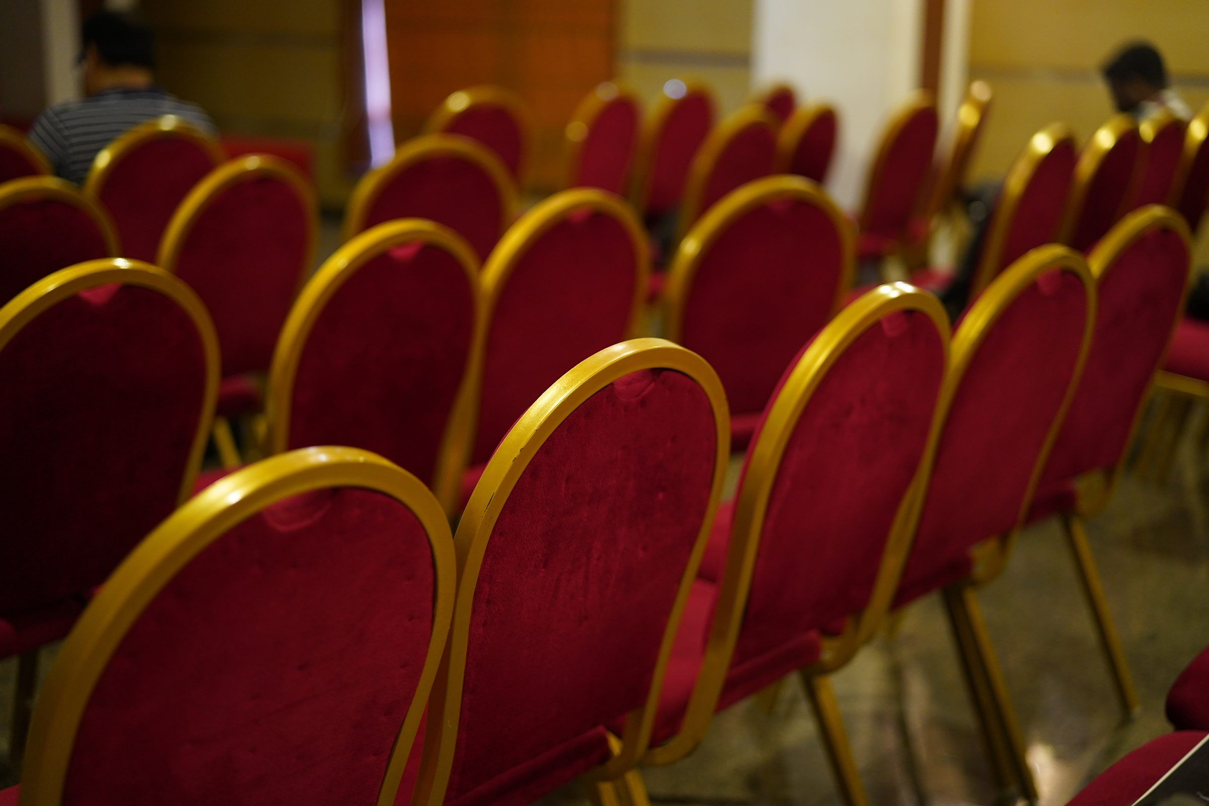 Red velvet banquet chairs with gold frames