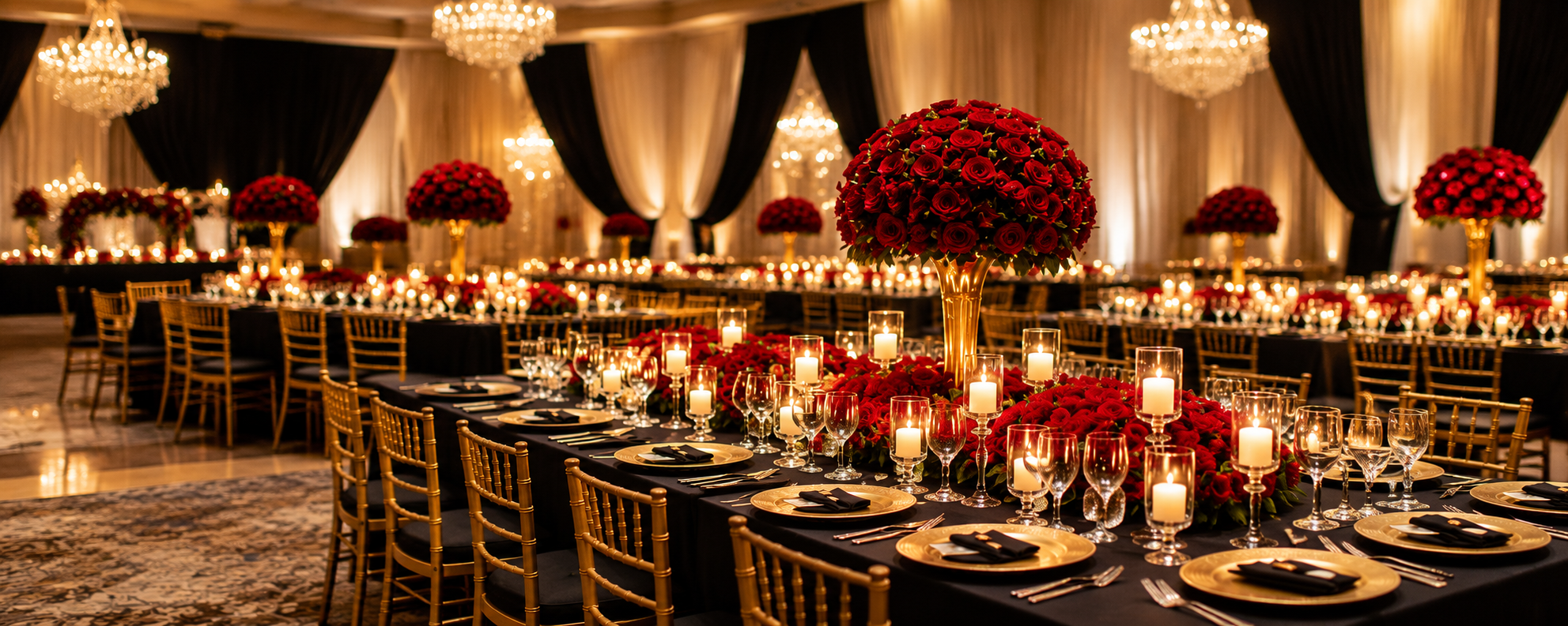 Elegant event table setting with red roses, gold chairs, and candlelight